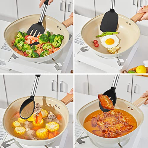 Silicone Cooking Spatulas and Spoons, 4 Pack Heat Resistant Silicone Cooking Utensils Set, Non Stick Large Kitchen Silicone Spatula and Spoons for Cooking, Mixing, Serving, Draining, Black - Image 4