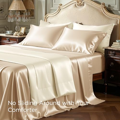 Image of Bedsure Satin Sheets Queen Size, Soft Silky Bedsheets for Hair & Skin | Similar to Silk Bed Sheets Set 4 Piece with 15 Inches Deep Pocket Fitted Sheet,1 Flat Sheet, 2 Satin Pillowcases
