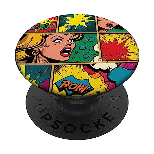 Funny Retro Comic Pop Art Shirt Fun Cartoon Comics Manga Tee PopSockets Swappable PopGrip, Black
