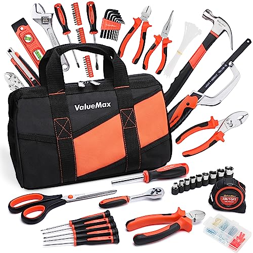 ValueMax Home Tool Set, 219-Piece Basic Household Repairing Tool Kit with 13-Inch Large Opening Tool Bag, Orange General Hand Tools Set, Great Gifts for Homeowner Beginners DIY