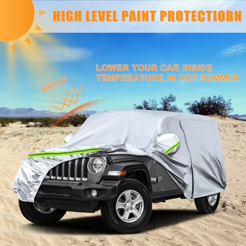 Image of Waterproof Car Covers Replace for 2007-2025 Jeep Wrangler 4 Doors, 6 Layers Silver All Weather Car Cover with Zipper Door & Windproof Bands for Snow Rain Dust Hail Protection