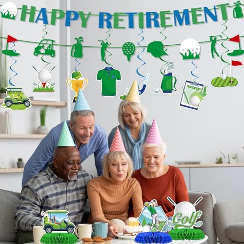 Image of Golf Retirement Party Decorations - 13PCS Golf Themed Party Decorations Happy Retirement Banner Hanging Swirls Honeycomb Centerpieces Sport Themed Retire Going Away Partee Decor Supplies