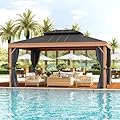 YOLENY 12' x 16' Hardtop Gazebo Faux Wood Grain with Aluminum Frame, Galvanized Steel Double Roof, Outdoor Patio Gazebo with Netting and Curtains for Backyard, Patio and Lawns