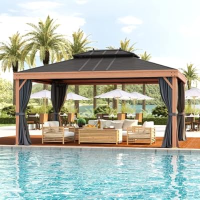 YOLENY 12' x 16' Hardtop Gazebo Faux Wood Grain with Aluminum Frame, Galvanized Steel Double Roof, Outdoor Patio Gazebo with Netting and Curtains for Backyard, Patio and Lawns