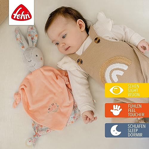 Fehn Schmusetuch Baby Spielzeug Hase - Schnuffeltuch für Neugeborene - Kuscheltier mit Schnuller Befestigung - Einschlafhilfe Handpuppe - Kuscheltuch Schlaftier für Babys und Kleinkinder ab 0+ Monaten
