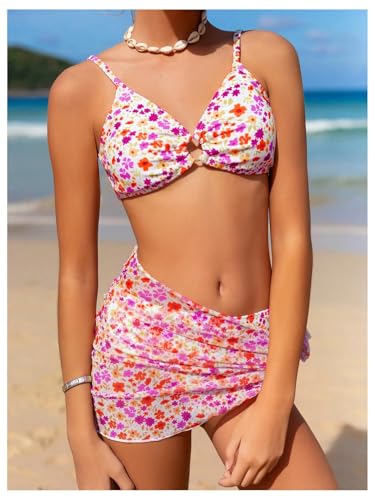 Image of OYOANGLE Girl's 3 Piece Bikini Sets Floral Print Spaghetti Straps Cute Swimsuits with Beach Skirt Bathing Suits