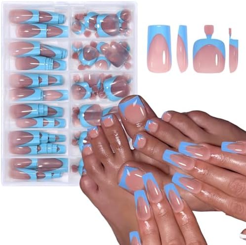 Amazon.com: Blue French Tip Press on Nails Medium & Press on Toenails ...