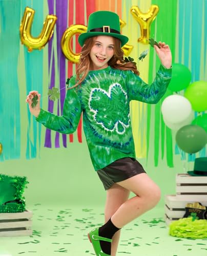 Image of Unisex Kids St. Patrick's Tie Dye Irish Clover Long Sleeve Shirt Shamrock Green Sweatshirt 6-14 Years