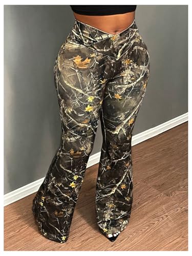 SOLY HUX Women's Plus Size Camo Print Bell Bottom Pants High Waisted Flared Leg Trousers2