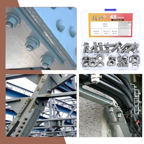 48 Stück M8 Sechskantschrauben Muttern Set, Edelstahl Flansch Schrauben und Muttern Set, Flanschschrauben Sechskant Schrauben mit Muttern mit Unterlegscheiben & Federringe Assortment Set