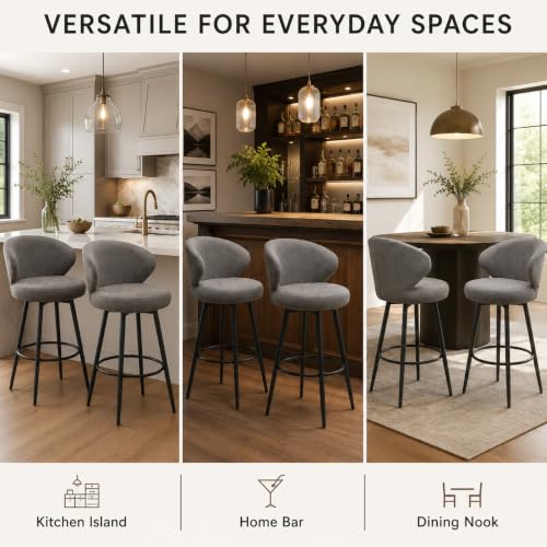 Image of Bar Stools Set of 3, 360 Swivel Breathable Fabric Kitchen Counter Height Stools, 26 inch Upholstered Bar Chair for Kitchen Islands, Restaurant,Grey