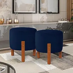 PC Móveis – Kit 2 Puff Redondo Luxo Decorativo em Linho ou Suede – Sala, Quarto e Escritório (Suede, Azul)