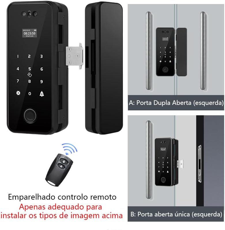 Image showing the GL02 lock installed on different types of glass doors: A) Double open door (left) and B) Single open door (left), with a remote control shown below.