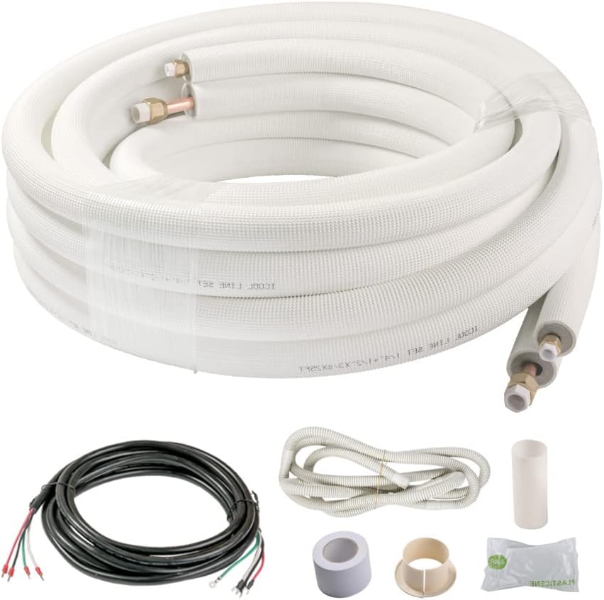 25 Ft. Mini Split Line Set 1/4 1/2 O.D. & 3/8 PE Thickened Insulated Coil Copper Pipes for Air Conditioner HVAC Refrigeration and Heating Equipment, with Fittings