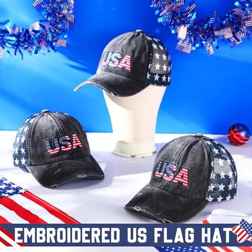 Image of Hercicy 4 Pieces American Flag Hat USA Hat for Men Patriotic Hats Baseball Cap Unisex Vintage Embroidery Cotton Cap Adjustable for Men Women Black