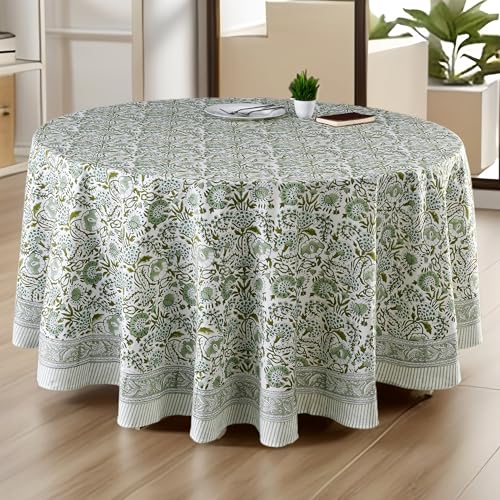 CPC Agate Green Block Print Cotton Handmade Round Tablecloth 60 Inch