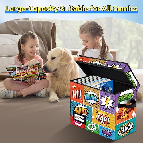 Image of 2 Pack Comic Book Storage box, Collection 15.8 inch X 7.8 inch X 11.8 inch, Collapsible Holds 160-180 Comic Book Short Box Organizer Container Holder Shelf(Cartoon Colorful)