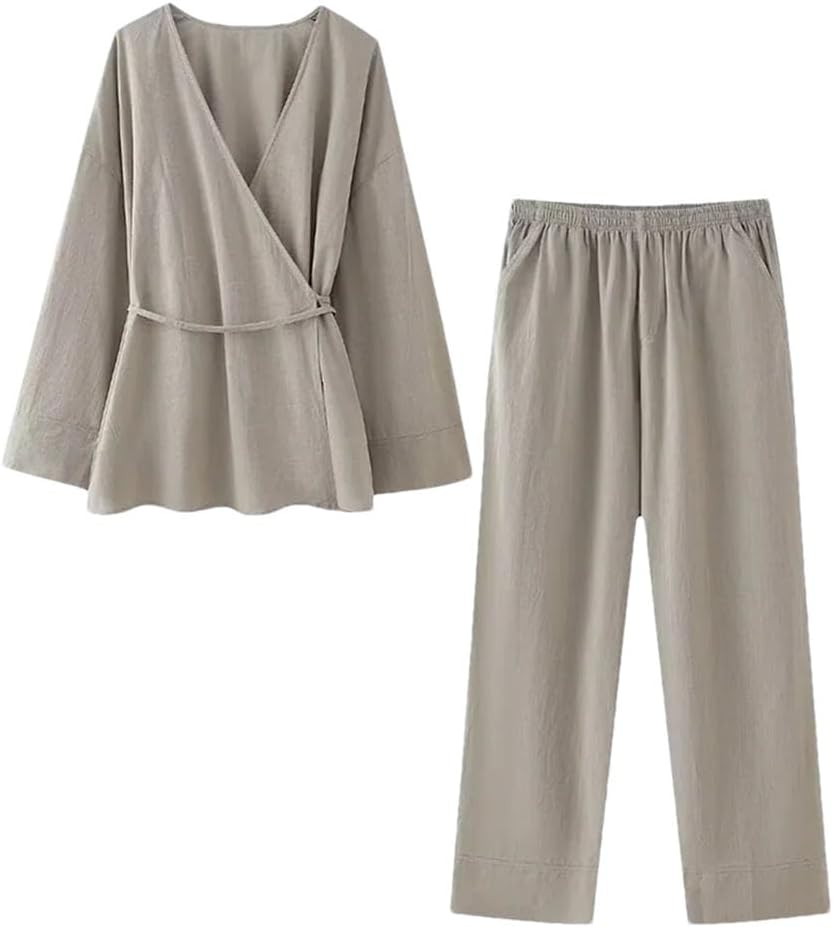 Women Two Piece Set Solid Lace Up Loose Coats & Vintage High Elastic Waist Trousers Sets