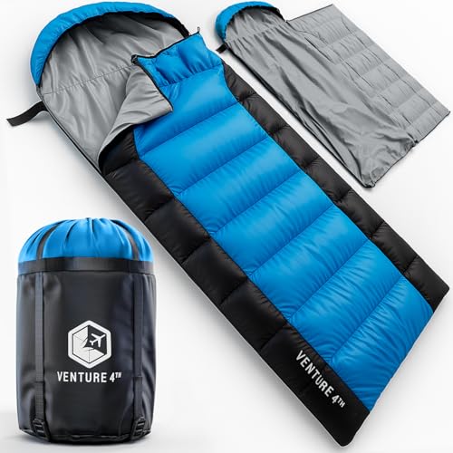 VENTURE 4TH Summer Backpacking Sleeping Bag, Single, Regular Size - Camping Sleeping Bags for Adults & Kids - Lightweight, Water Resistant, Ideal for Hiking, Camping & Outdoor - Blue/Black