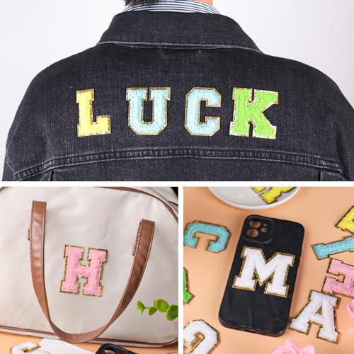 LOVEINUSA 52PCS Chenille Letter Patches, Self Adhesive Patches for Jackets Embroidered Patches Letter Patches Sticker with Gold Glitter for DIY