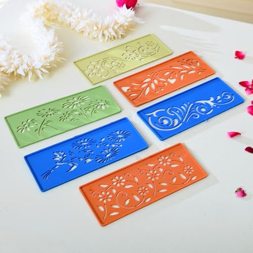 Image of CRAFTAM Different Design Ready to Draw Rangoli Making Stencils, Rangoli Plastic Stencils for Floor Decoration (Set of 12, Size 3x7 Inch)