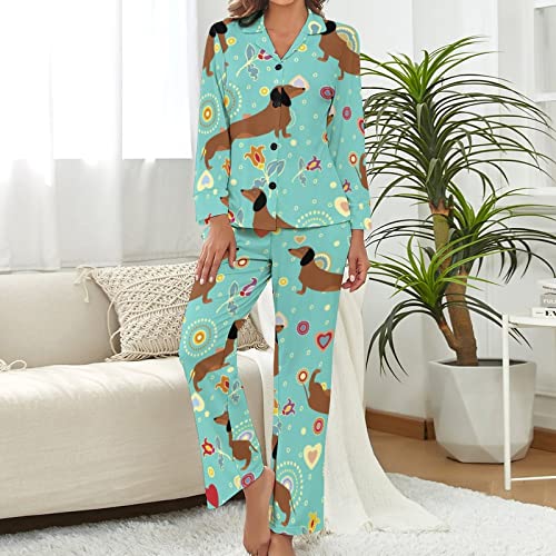 Women's Pajama Set Long Sleeve Sleepwear Tops Bottoms With Pockets, Cute Dachshunds Pattern On Turquoise_Xl #TOP3