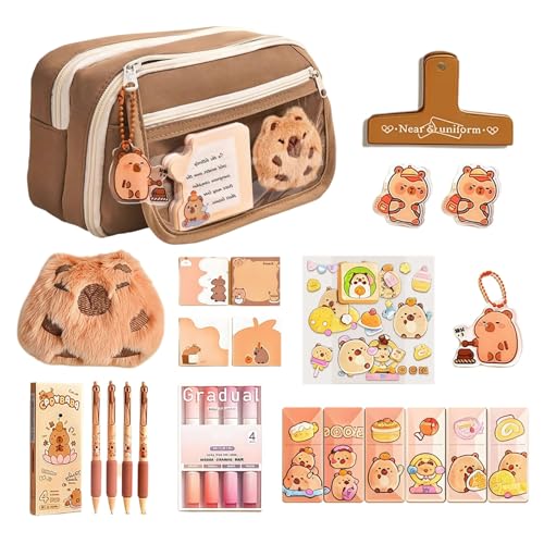 GQHNLUP Cute Capybara Pencil Case, Kawaii Capybara Stationery Set Include Large Capacity Pencil Case, Fur-covered Brooch, Keychain Capybara Set, Notepad, Stickers, Pens and Gradation Correction Band
