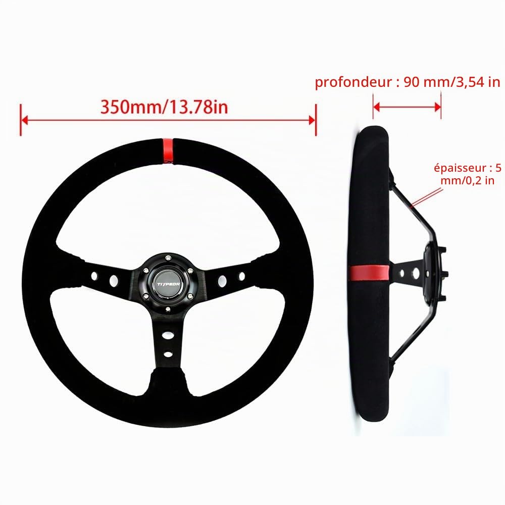 Volant de course, 350 mm/14 pouces, poignée en daim à 6 boulons, cuvette profonde (3 pouces), bouton de klaxon, pour simulation de conduite de voitures de rallye et de sport automobile