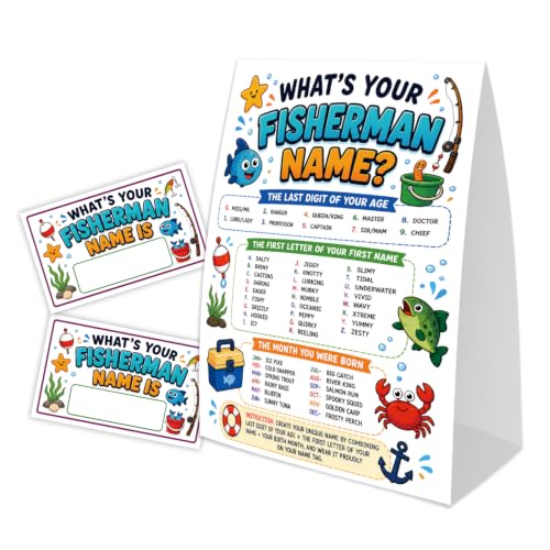 What is Your Fisherman Name Game Kit, 5x7 Standing Sign and 30 Name Stickers Set, Perfect for Birthday Party Decor, School Home Game Activities, wyn02