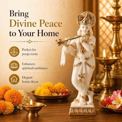 Image of ARMONIA Lord Krishna Idol Marble Dust Statue Murti |Krishana Sculpture for Home Decor,Pooja ghar,Mandir & Gifting Item |Best Gift for Wedding & Housewarming(11.8 inch,White) (Include Microfiber cloth)