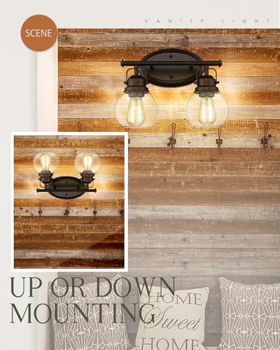Image of Farmhouse Vintage Bathroom Vanity Light, Wall Mount Lighting Sconce Over Mirror, Oil Rubbed Bronze Finish and Clear Glass, AD-2147-2W