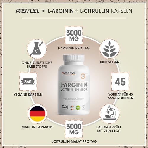 L-Arginin + L-Citrullin-Malat Kapseln 360x - optimal hochdosiert mit 6000 mg pro Tag aus L-Arginin (2400 mg...