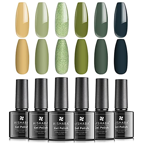 Aishaba 6 Colors Gel Nail Polish Kit Ginger Yellow Light Green Dark Green Gel Polish Fall Winter Gel Polish Glitter Green Nail Gel Polish Soak off UV LED Gel Nail Kit Nail Art Manicure Kit Christmas