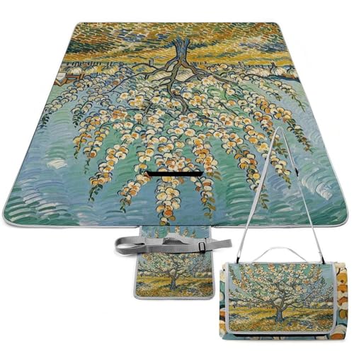 RKJVB Couverture de pique-nique pliable 147 x 147 cm - Abricotiers - Imprimé - Imperméable - Couverture de plage portable - Tapis de pique-nique pour camping, randonnée, parcs, pelouse