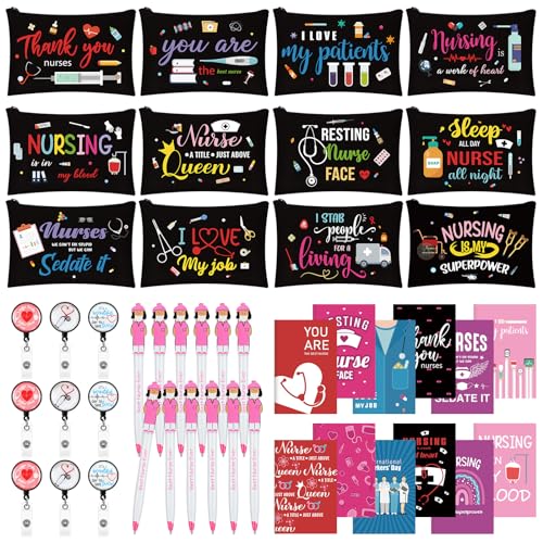 Yeaqee 48 Pcs Nurse Gifts Bulk Include Makeup Bags Pocket Notebooks Ballpoint Pens Badge Reels Nursing Gifts for Women RN CNA Medical Assistant Hospital Staff(Black Nursing)