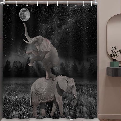 Image of Boziqr Funny Shower Curtains for Bathroom, Cute Elephant Moon Forest Bath Curtain, Rustic Farmhouse Decor Polyester Fabric Fun Cool Animals Black 60 x 70 Inches