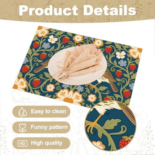 Sets de table motif oiseau fraise lavables pour protéger la table des taches - 4