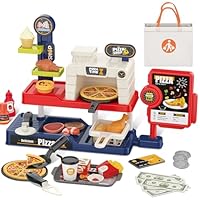 deAO Pizza Toys Set for Kids, 66 PCS Pretend Food Play Set with Toy Pizza Oven & Cash Register, Plastic Kitchen Accessories Role Play Set with Steak, Fries and Fried Chicken