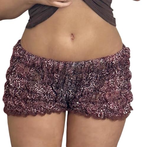 Image of NUFIWI Women's Y2k Ruched Mini Shorts Low Waist Ruffle Frill Bloomers Lounge Pajamas Smocked Micro Shorts Sleepwear