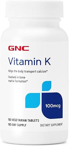GNC Vitamina K 100mcg, 180 tabletas, ayuda al cuerpo a transportar calcio