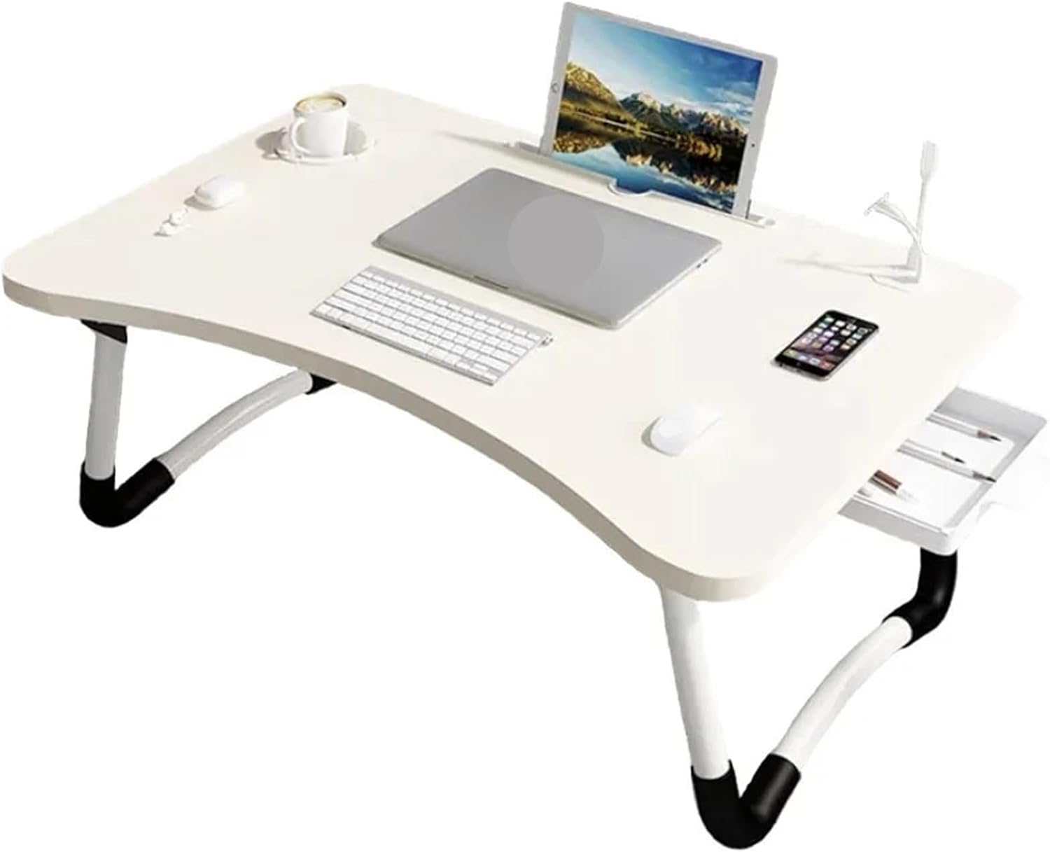 Bed Trays Foldable Laptop Table for Bed & Office Study Portable Simple with Drawers(White)