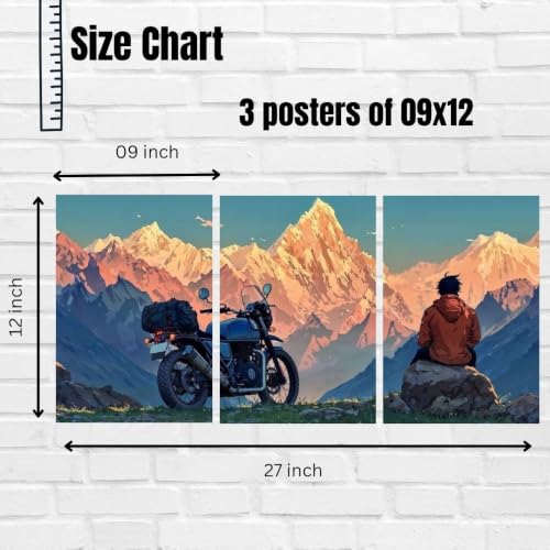 Image of Split Poster Wall Art Set - High Resolution Triptych Mountain Adventure Motorcycle Print - 300 GSM Glossy Paper - Scenic Travel Artwork for Bedroom, Office, Living Room & Gaming Decor (A4 size 9 inchx12 inch)