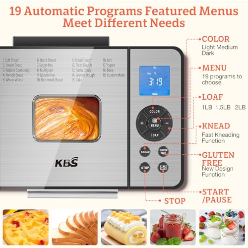 KBS 19-in-1 Programmable Bread Maker,2LB Large Bread Machine Stainless Steel with Sourdough,Gluten-Free,Nonstick Ceramic Pan,650W Bread Maker Machine with 15H Timer&1H Keep Warm,3 Crust Colors,Recipes by KBS - Image 2