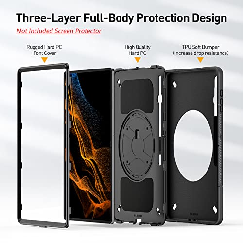 Galaxy Tab S8 Ultra Case: Groleoa Heavy Duty Cover For Samsung Tablet S8 Ultra 14.6 Inch 2022 With 360 Rotating Stand - S-Pen Holder - Handle - Shoulder Strap (Sm-X900 Sm-X906) - Black #TOP2