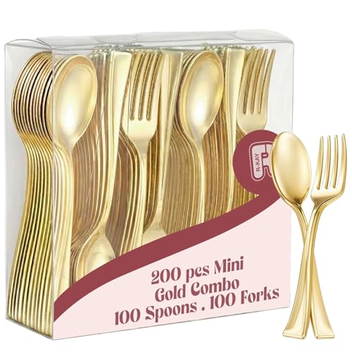 200 Combo Pack 100 Gold Mini Forks And 100 Gold Mini Spoons 4 Inch Dessert Forks And Spoons - Heavy duty Mini Cutlery, Tastings, Cocktails, Dessert Cups.