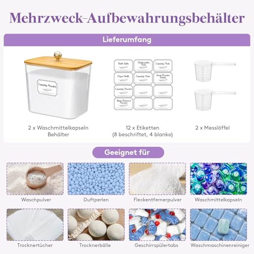 Lifewit 2 Stück Wäsche Pods Behälter mit Etiketten und Löffeln, Waschpulver Aufbewahrungsbox mit Bambusdeckel, Organizer Box Aufbewahrung für Waschmittel Pulver Perlen Duft-Booster im Wäschezimmer