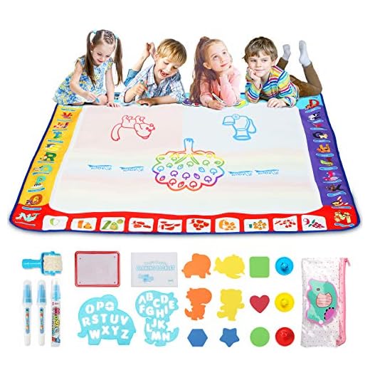 Fansteck Agua Dibujo Pintura, 100x100 cm Alfombra de Agua Doodle, Pizarra Mágica, Esteras de Agua Doodle. 3 Bolígrafos, 4 Plantillas, 4 Sellos, 1 Rueda. Juguete Educativo, Regalo Ideal para niños.