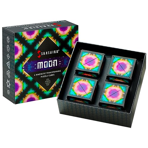 Image of Shashibo Shape Shifting Box - Award-Winning, Patented Fidget Cube w / 36 Rare Earth Magnets - Transforms Into Over 70 Shapes, Gift Box, Download Fun in Motion Toys Mobile App (Moon, 4 Pack)