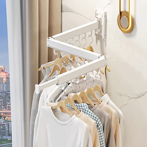 CHAHUANV Wäscheständer Wandmontage ausziehbar & klappbar, platzsparender Wand Wäscheständer aus Aluminium, Wand Wäschetrockner für Bad, Balkon & Waschküche, 100 kg Tragkraft, weiße Haken