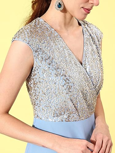 Image of Miss Chase Women's Round Neck Sleeve Embellished Fit Flare Maxi Dress